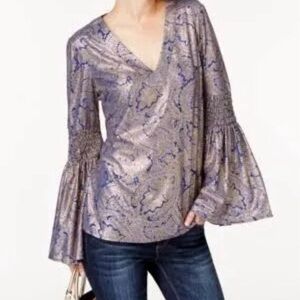 Michael Kors Royal Blue and Gold Bell Sleeve Blouse Top; Large; NEW